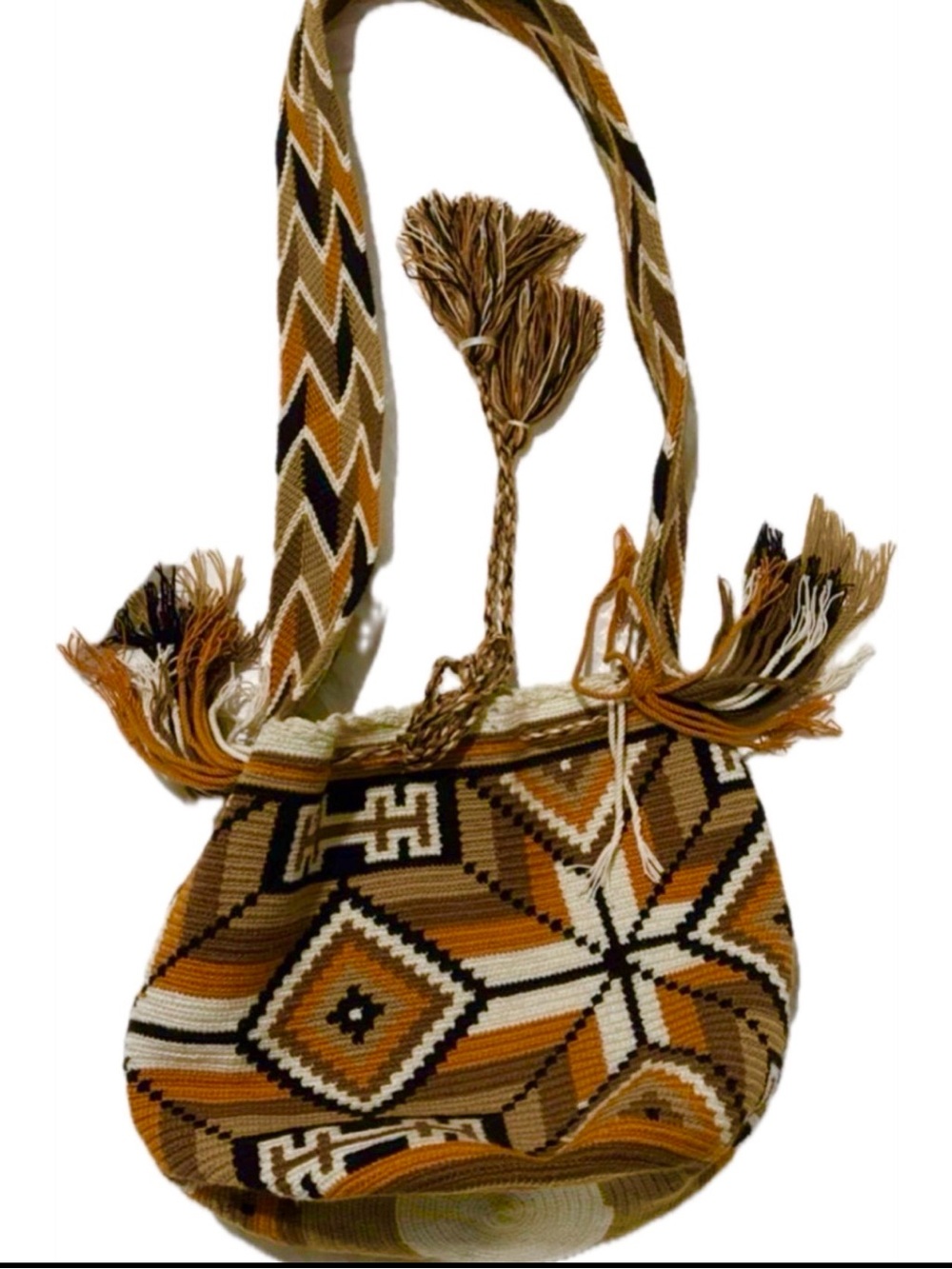 Handwoven Boho Bucket Bag in Brown, Orange & Cream NWOT